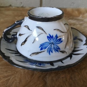 Vintage Hand Painted Demitasse Cup and Saucer: Blue Floral, Germany US Zone