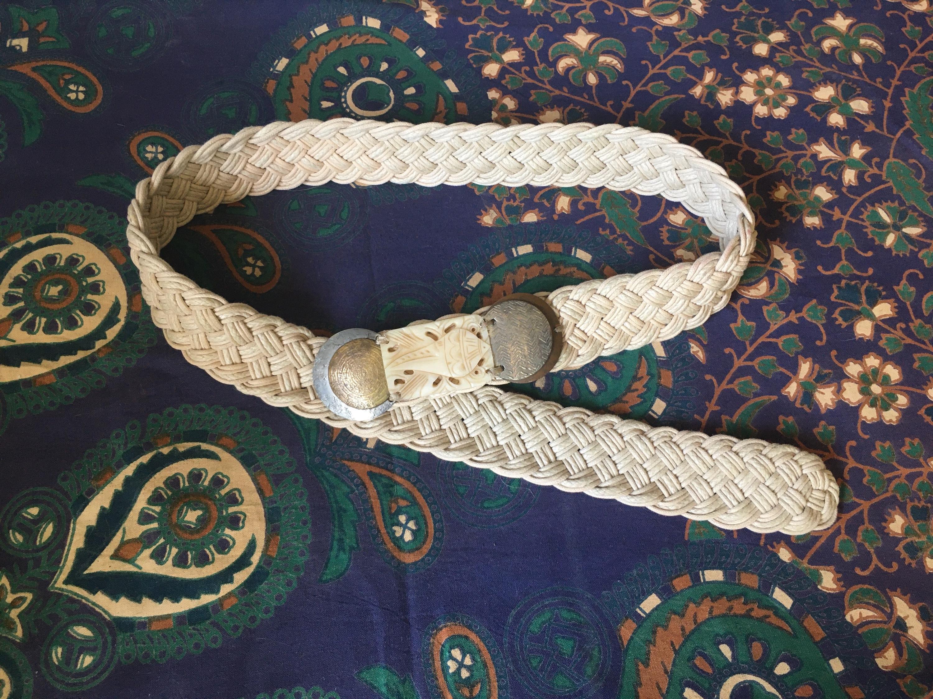 Baer SF Braided Belt Green Waxed Embellished Mixed Metals Discs Artsy Handmade Vintage Baer SF Belt, Braided, Carved Bone and Hammered  main image 2