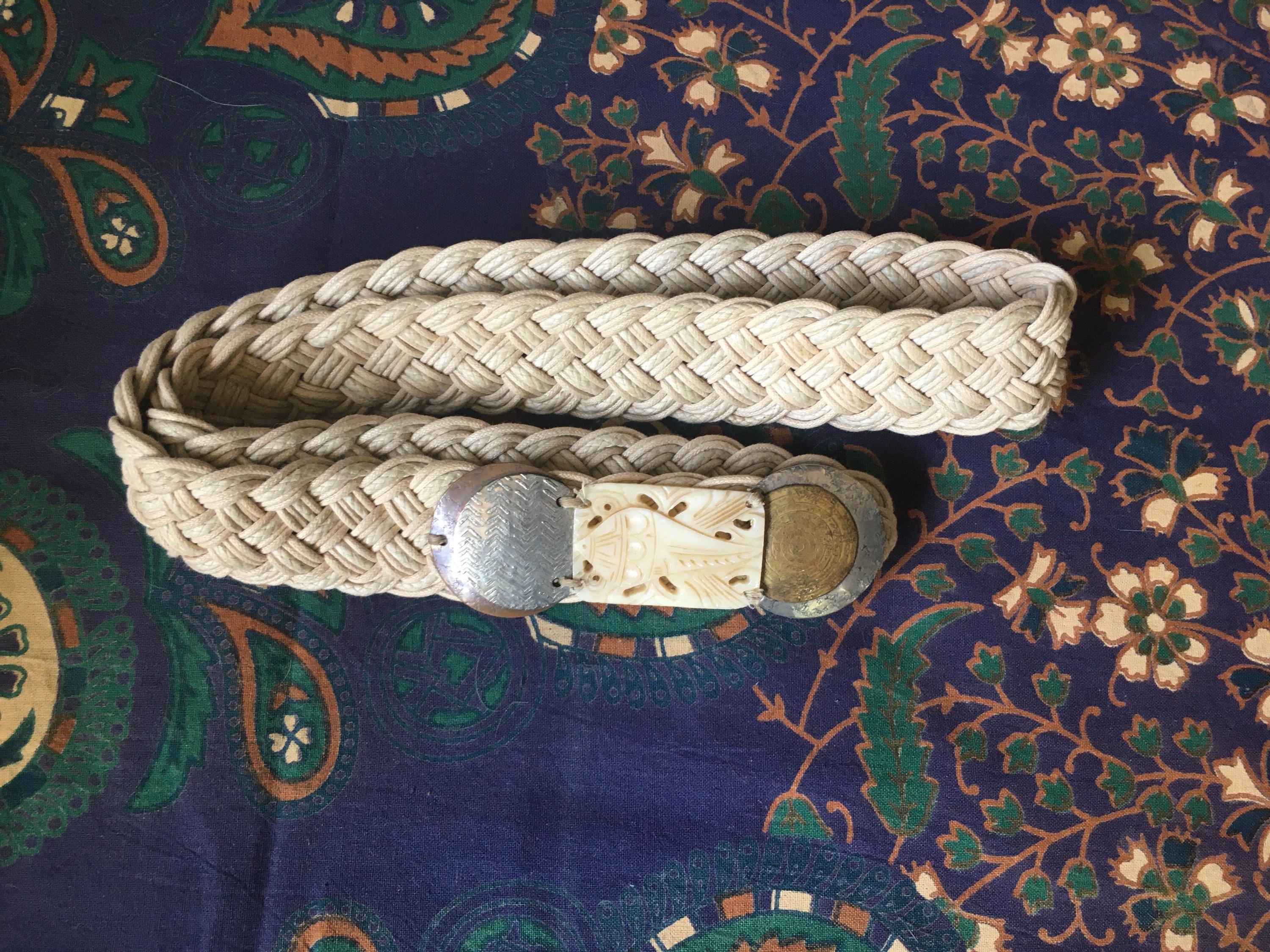 Vintage Baer SF Belt, Braided, Carved Bone and Hammered 