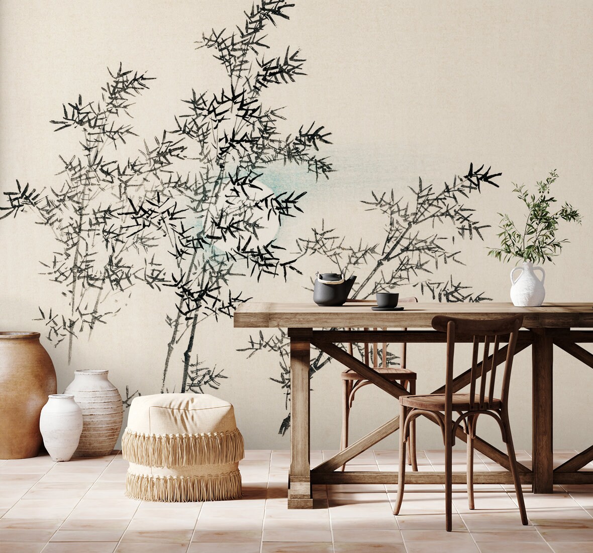 Oriental Bamboo Wallpaper Mural, Asian Inspired Minimalist Tree
