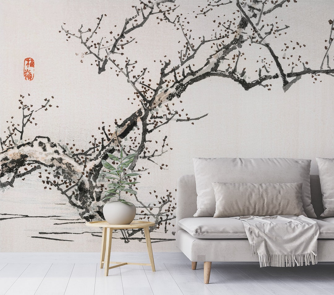 Oriental Tree Wallpaper Mural Minimalist Asian-inspired Wallpaper for