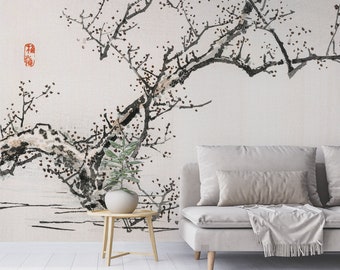 Oriental Tree Wallpaper Mural - Minimalist Asian-Inspired Wallpaper for Bedroom, Living Room, Home Office & Dining Room