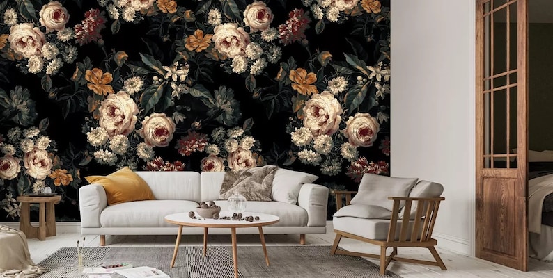 Dark Floral Wallpaper Mural With Traditional Flower Garden for Home ...