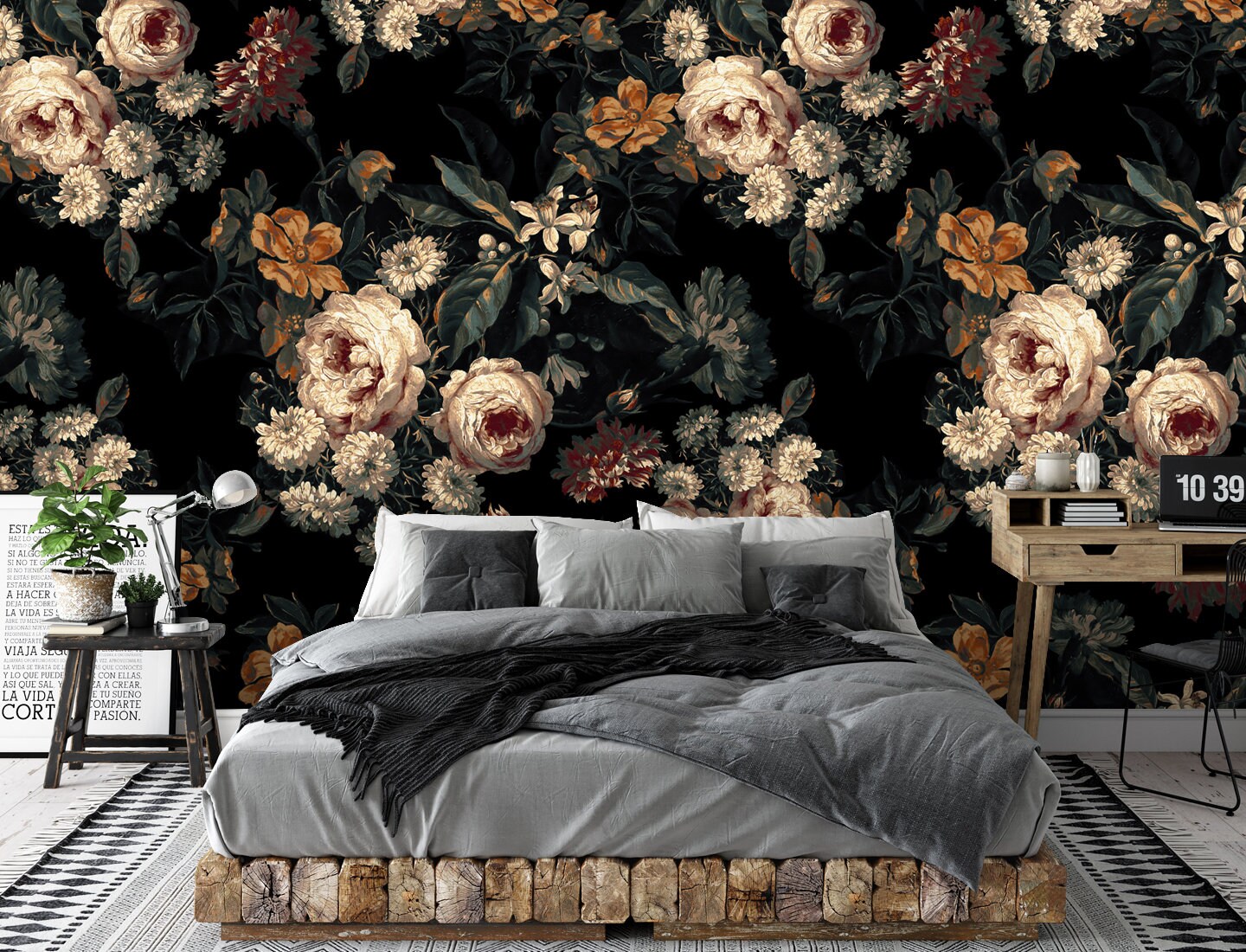 Dark Floral Wallpaper Mural With Traditional Flower Garden for Home ...