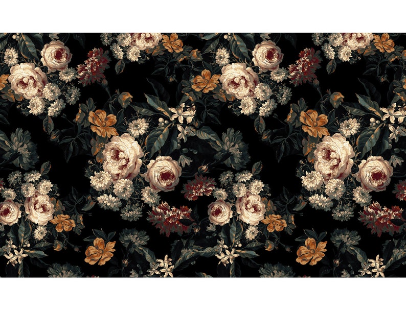 Dark Floral Wallpaper Mural With Traditional Flower Garden for Home ...