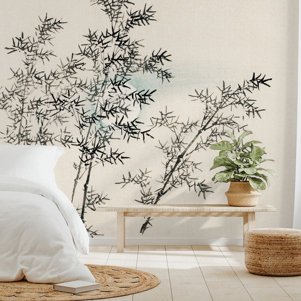 Oriental Bamboo Wallpaper Mural, Asian Inspired Minimalist Tree Wallpaper