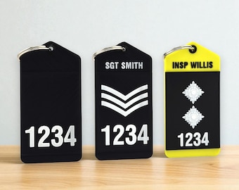 Personalised UK POLICE Style Rank Epaulette Keyring Bag Tag, Customised Police Officer Gift