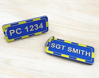 Personalised UK Police Battenburg Pattern Style Keyring Bag Tag, Customised Gift for Police Officers