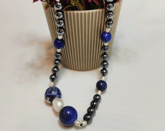 One of a kind hematite beads necklace with sodalite and fresh water pearls stainless steel chain in silver color