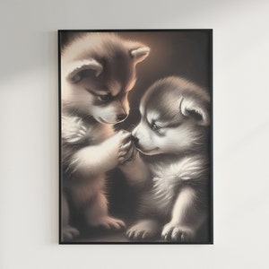 May include: Two brown and white husky puppies cuddling together. The puppy on the left is looking at the puppy on the right, who is looking away. The puppies are in a soft, warm light.