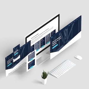 May include: Isometric view of a computer setup with a monitor displaying a website interface. The website design features a dark blue and white color scheme. A keyboard, mouse, and small potted plant are also visible.