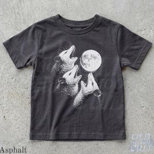 Może przedstawiać: Szary t-shirt z nadrukiem przedstawiającym trzy oposy wyjące do pełni księżyca. Projekt jest w kolorze białym, tworząc uderzający kontrast na ciemnym materiale. Tekst "OLD SCHOOL CULT" jest wydrukowany w prawym dolnym rogu.
