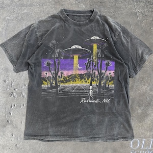May include: A charcoal grey short-sleeve t-shirt featuring a graphic print of two flying saucers hovering over a desert landscape with cacti, a crescent moon, and a small alien figure. The text Roswell, NM is printed below the graphic.