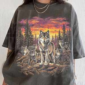Vintage Wolf Pack 90-talsgrafik T-shirt, Retro Vargar Skogsdjur Natur T-shirt