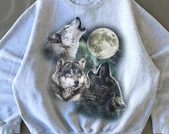Three Wolves Moon Vintage 90s Style Sweatshirt, Retro Wolf Crewneck | Unisex Wildlife Pullover, Wolf Classic Graphic Sweater