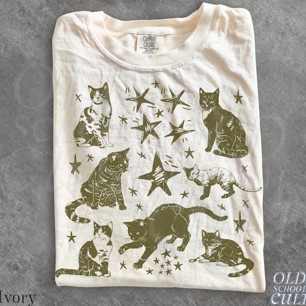 Camiseta vintage con estampado de gato y estrella, camiseta celestial para amantes de los gatos, camiseta unisex retro de astrología felina, regalo bohemio para mamás de mascotas