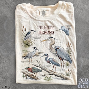 Könnte beinhalten: Ein elfenbeinfarbenes T-Shirt mit einem Grafikdruck mit der Aufschrift FIELD GUIDE TO HERONS. Die Illustration zeigt einen Nachtreiher, einen Blaureiher, einen Kanadareiher, einen Krabbenreiher, einen Dreifarbenreiher und einen Grünreiher.