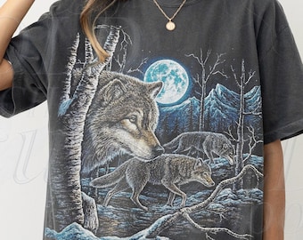 Loup vintage des années 90, style graphique Comfort Colors®, t-shirt délavé grunge rétro loup hurlant, nature galaxie an 2000 streetwear, cadeau loup des années 2000