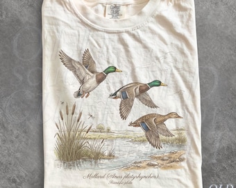 Gräsand Anka Vintage 90-tals T-shirt, Retro Vetenskaplig Fågelillustration Grafisk T-shirt, Vildliv Natur Topp, Unisex Utomhusgåva