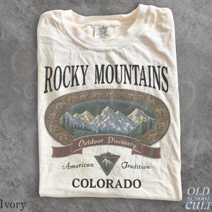 Vintage Rocky Mountains Colorado T-Shirt, Outdoor Discovery Graphic Tee, 90s Mountain Hiking Shirt, Comfort Colors® Ivory Nature Top
