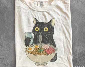 Cat Rahmen Unisex T-shirt, Cat Eating Ramen Funny Shirt, Graphic Tee for Cat Lovers, Vintage Kitty Top, Cool Casual Cat Print Shirt