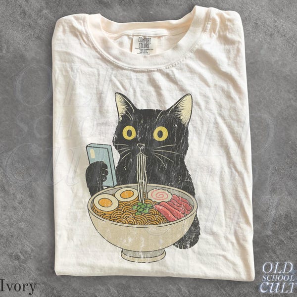 Cat Rahmen Unisex T-shirt, Cat Eating Ramen Funny Shirt, Graphic Tee for Cat Lovers, Vintage Kitty Top, Cool Casual Cat Print Shirt