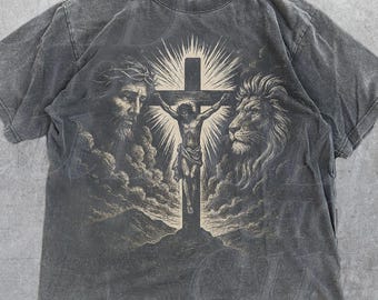 Jesus Cross Vintage 90s Style Tshirt, Retro Comfort Colors® Jesus Lion Washed Shirt, Christian Shirts, Lord Shirt, Oversized Pump Cover