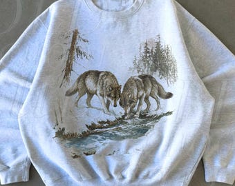 Sudadera retro de lobo de los 90, estilo vintage, con cuello redondo, estilo bohemio, unisex, estilo Cabincore, acogedor, estilo rústico, con lobos.