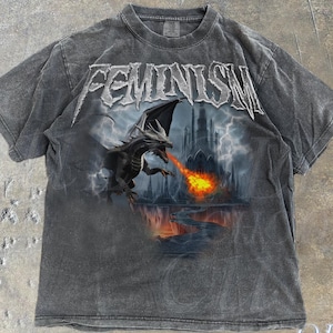 Feminism Dragon Fantasy Vintage Graphic Shirt, Retro Comfort Colors® Dragon Shirt, Feminism Shirt, Dark Art Grunge Castle Dragon Gothic Top