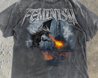 Feminism Dragon Fantasy Vintage Graphic Shirt, Retro Comfort Colors® Dragon Shirt, Feminism Shirt, Dark Art Grunge Castle Dragon Gothic Top