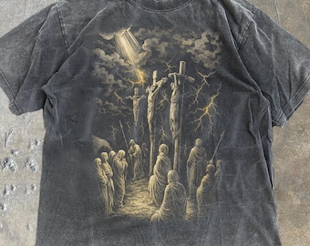 Jesus Crucifixion Scene Vintage Style Graphic Shirt,Retro Comfort Colors® Jesus Spiritual Art Tee,Washed Religious Christian Bible Aesthetic