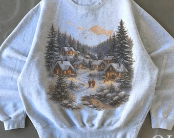 Retro kerst winterdorp sweatshirt, jaren 90 vintage bergpijnbomen ingerichte hutten outfit, boho uniseks sweatshirt met ronde hals