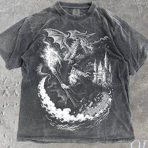 Wizard Dragon T Shirt Gothic Fantasy Castle Graphic Tee Sorcerer Magic Retro Vintage Acid Wash Medieval Witchcraft Unisex Tshirt Gift