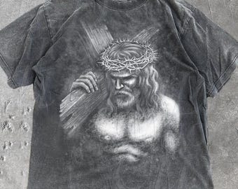 Jesus Holding Cross Vintage 90s Graphic Shirt, Jesus Comfort Colors® Shirt, Christian Easter Shirt, Retro Unisex Adult Graphic Washed Shirt