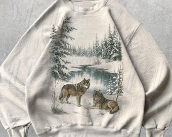Sudadera retro de lobo de los 90, estilo vintage, con cuello redondo, estilo bohemio, unisex, estilo Cabincore, acogedor, estilo rústico, con lobos.