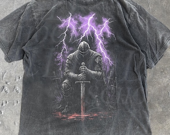 Medieval Knight T Shirt Dark Fantasy Lightning Warrior Graphic Tee Gothic Armor Sword Vintage Acid Wash Metal Aesthetic Unisex Tshirt