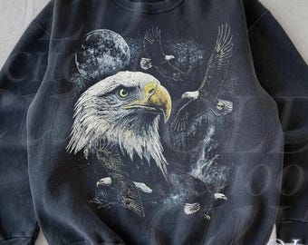 Weißkopfseeadler Vintage Sweatshirt Mond Grafik Rundhalsausschnitt, Retro 90er Jahre Wildtiere Pullover, Unisex Schwarz USA Patriotischer Pullover, Adler Freiheit Shirt