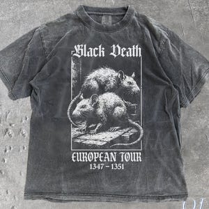 Camisetas gráficas vintage de la gira europea de la Peste Negra de 1347-1351, Retro Comfort Colors®, camiseta gótica medieval con arte oscuro de rata de la peste, Edad Media