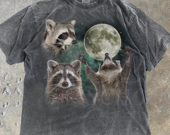Three Raccoons Retro Graphic T-shirts, Vintage Comfort Colors® Raccoon Moon Tshirt, Raccoon Lovers, Funny Raccon Tee, Oversized Washed Tee