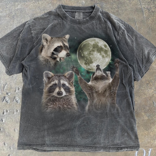 Camisetas retro con gráficos de tres mapaches, camiseta Vintage Comfort Colors® Raccoon Moon, amantes de los mapaches, divertida camiseta de mapache, camiseta lavada extragrande