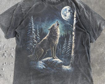 Vintage Wolf Graphic T-Shirt, Full Moon Wilderness Tee, Comfort Colors® Pepper Shirt, Vintage Wildlife Nature Top, Rustic Outdoor Gift