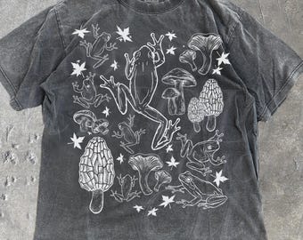Camiseta vintage de ranas y hongos, camiseta retro botánica cottagecore goblincore, top vintage con estética natural, Dark Academia, amantes de las ranas