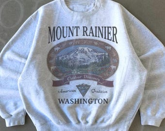レトロなマウントレーニアワシントンスウェットシャツ、ヴィンテージ90年代のアメリカの伝統、太平洋岸北西部のクルーネック、ノスタルジアハイキングオールドスクールギフト