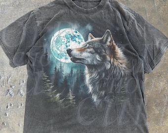 Vintage Wolf jaren 90 grafisch shirt, Wolf Lovers retro T-shirt, jaren 2000 Comfort Colors® Nature Moon shirt, nostalgie uniseks oversized T-shirt, cadeau schattige wolf