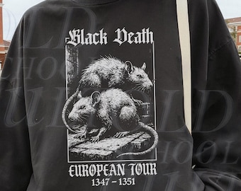 Black Death Vintage Halloween Sweatshirt, Gothic Rat Graphic Pullover, Medieval Plague Hoodie, Vintage Metal Tour Crewneck, Dark Academia