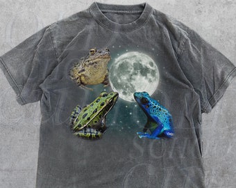 Drei Frösche Vintage Grafik T-Shirts, Retro Kröten Mond T-Shirt, Frosch Liebhaber, Lustiger Frosch im Galaxie T-Shirt, übergroße gewaschene Erwachsenen Scherz Shirts