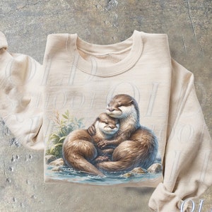 Two River Otters Cuddling Wilderness 90s Sweatshirt, Nineties Vintage Mustelids Wildlife Outfit, Boho Unisex Crewneck Sweatshirt, Cute Otter