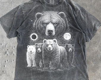 Vintage Bear 90s Graphic T-Shirt, Retro Moon & Eclipse Wildlife Grizzly Tee, Wildlife Nature Unisex Top