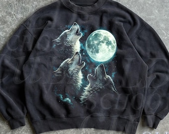 Sudadera retro con tres lobos y lunas, cuello redondo vintage de los 90 con lobos aullando, suéter unisex con estampado de vida silvestre.
