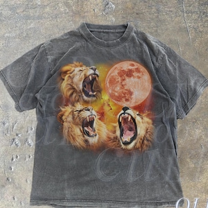 Three Lions Vintage Graphic T-shirts, Retro Lion Moon Tshirt, Lion Lovers, Funny Graphic Tee, Oversized Washed Tee, Weirdcore Silly Tee